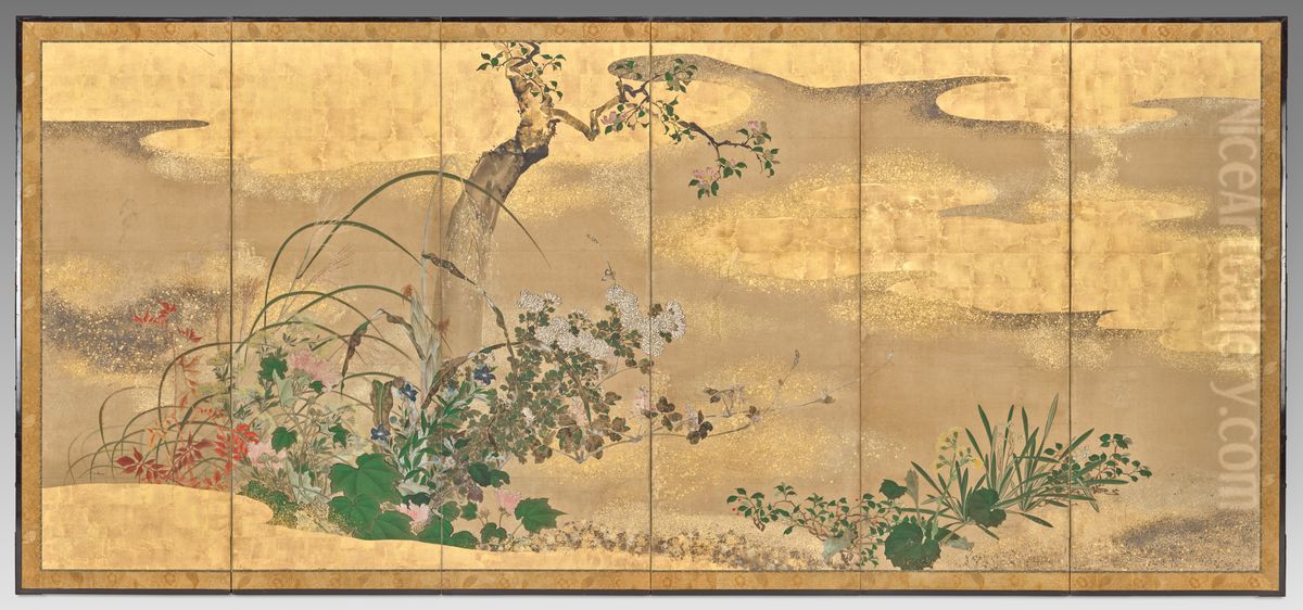 Flowers and Trees of the Four Seasons (left screen) Oil Painting by Watanabe Shiko