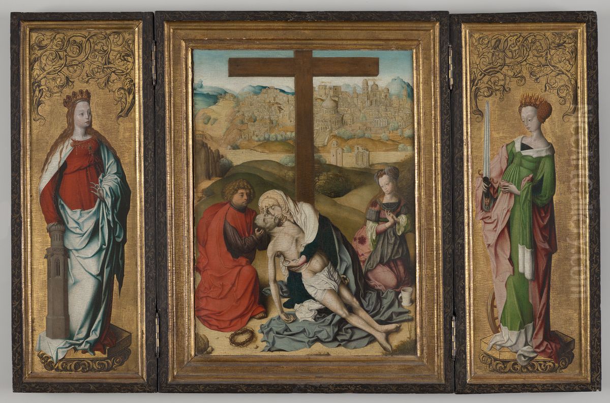 Triptych with The Lamentation of Christ (center), St. Barbara (left wing), St. Catherine of Alexandria (right wing), The Annunciation (reverse wings) Oil Painting by Master of the Krainburg Altar