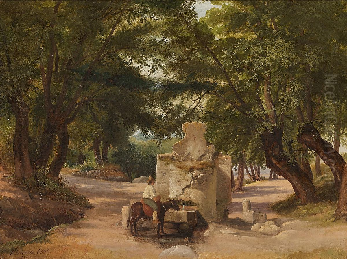 View from Italy with a donkey getting water at a fountain. Oil Painting by Johan Peter Raadsig