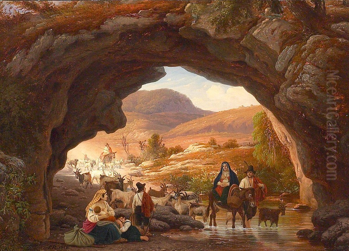 Sheperd scene with persons resting by a rock. Oil Painting by Johan Peter Raadsig
