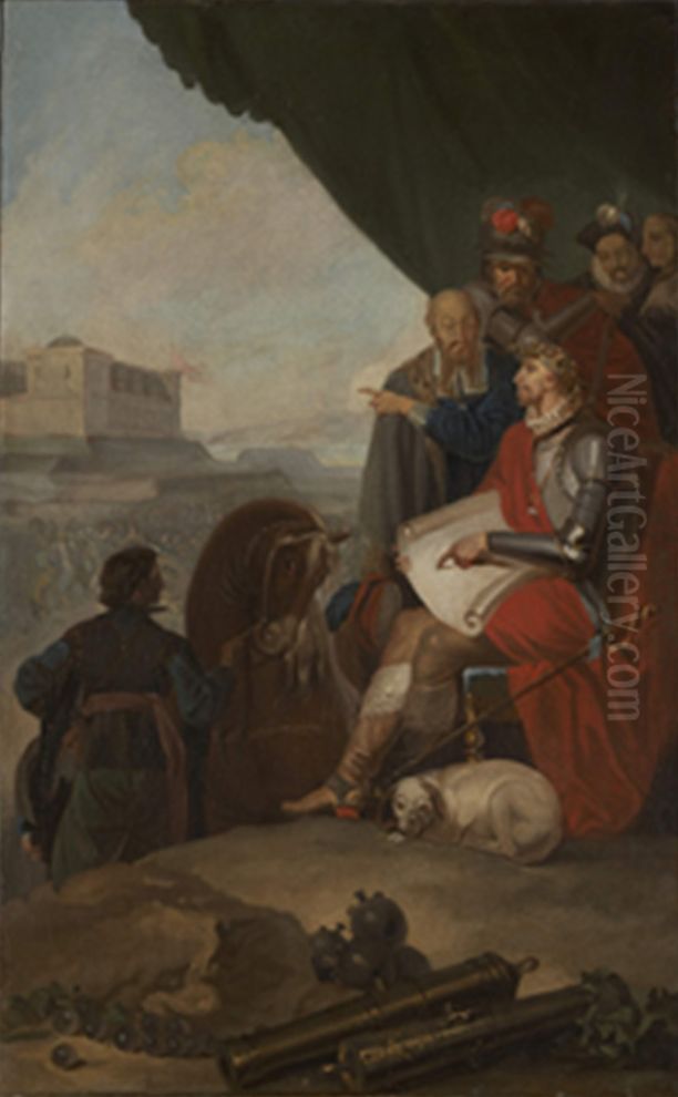 Frederik II bygger Kronborg. Skitse. Oil Painting by Nicolai Abildgaard