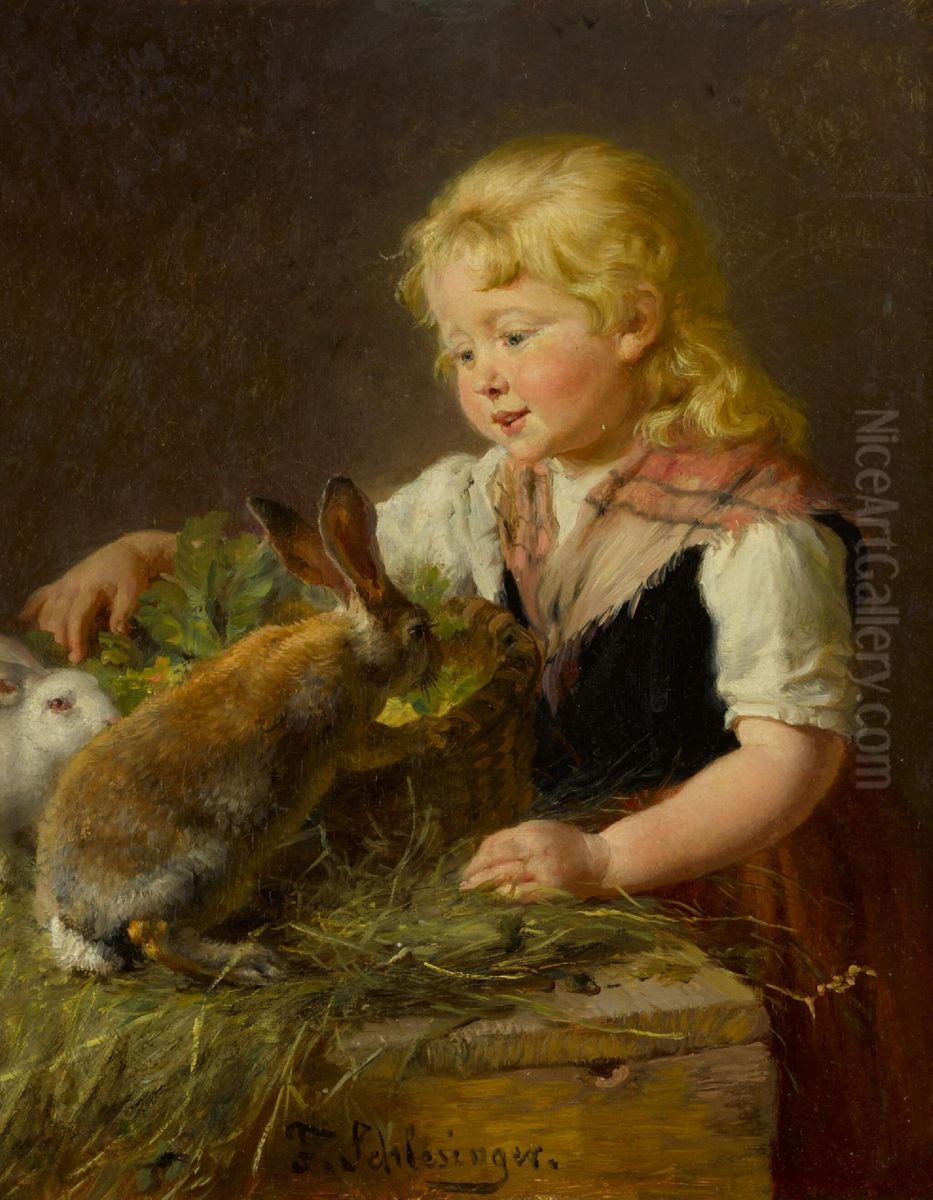 Feeding the bunnies Oil Painting by Felix Schlesinger
