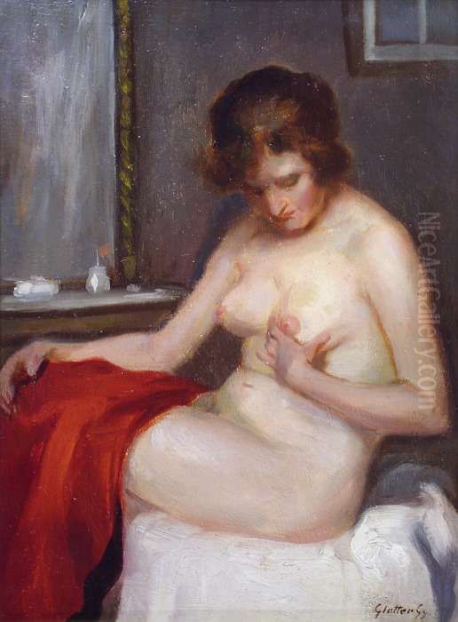 Sitting Female Nude Oil Painting by Gyula Glatter