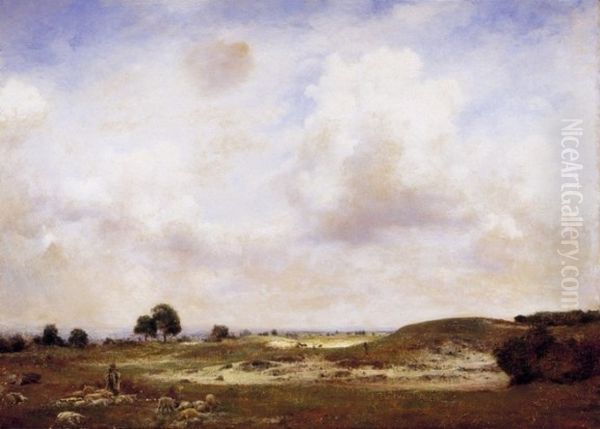 Field with a Flock of Sheep and Clouds Oil Painting by Gyula Glatter