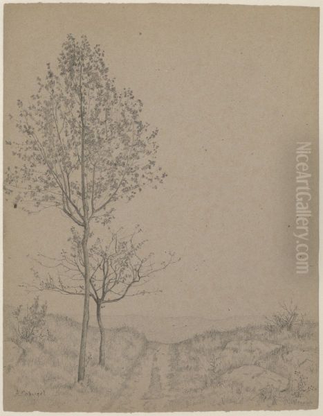 Landscape with Two Young Trees along a Path Oil Painting by Auguste-Hector Cabuzel