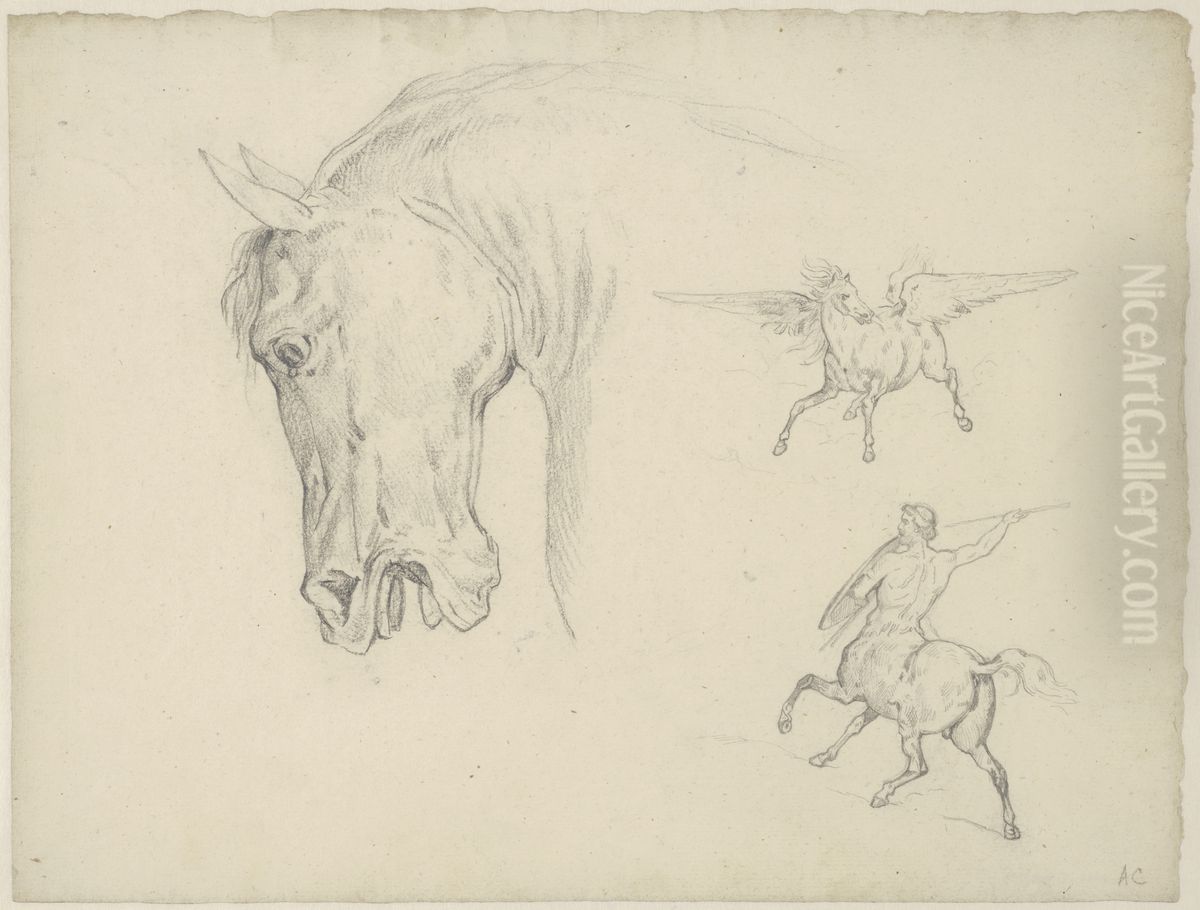 Studies of a Horse's Head, a Centaur and Pegasus Oil Painting by Auguste-Hector Cabuzel
