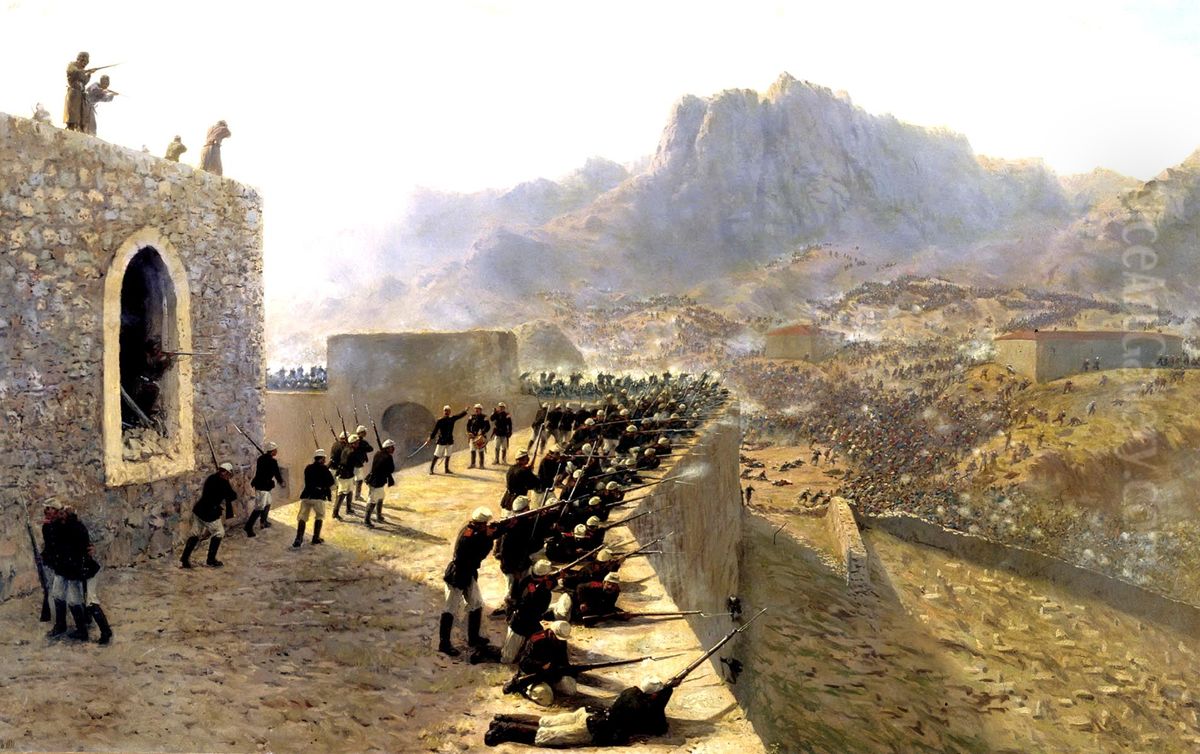 The repulsion of the Bajazet fortress assault June 8, 1877 Oil Painting by Lev Lagorio