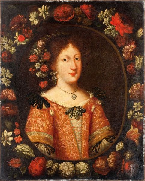 Portrait de femme entouree d'une couronne de fleurs Oil Painting by unknown