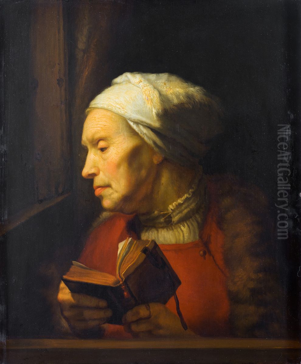 Portrait de vieille femme, tenant un livre ouvert Oil Painting by Karel van der Pluym