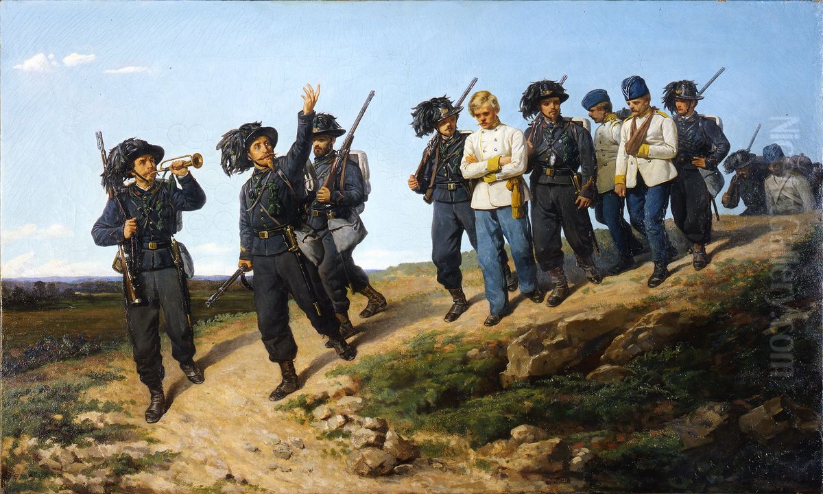 Episodio della guerra del 1859. Ritorno di bersaglieri italiani da una recognizione Oil Painting by Silvestro Lega