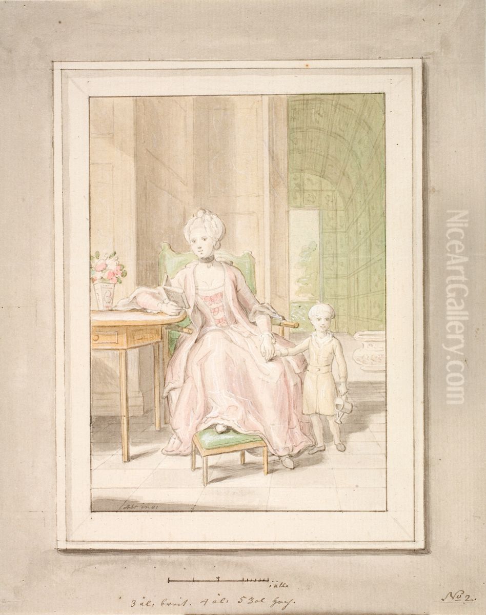 Queen Caroline Mathilde of Denmark with crown prince Frederik. Second sketch. Oil Painting by Peder Als