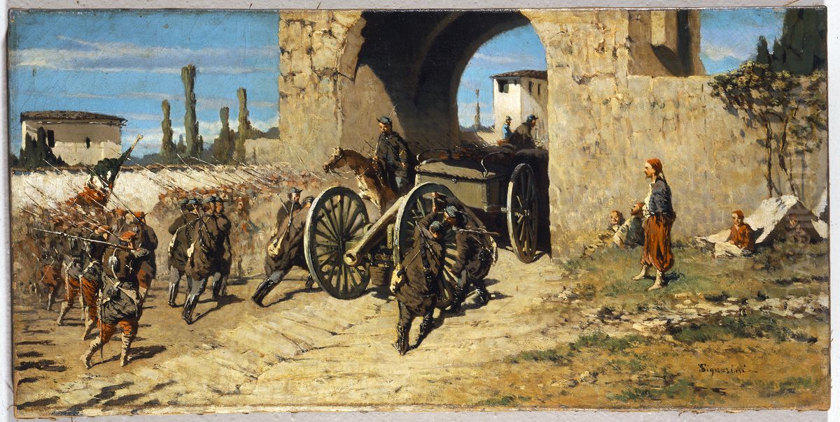 Arms forward. Entry of the French zouaves and the Tuscan artillery in Rubiera Oil Painting by Telemaco Signorini Arms forward. Entry of the French zouaves and the Tuscan artillery in Rubiera Oil Painting by Telemaco Signorini