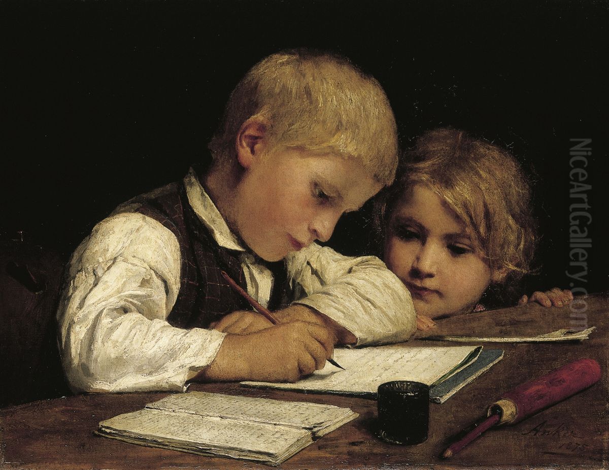 Schreibender Knabe mit Schwesterchen II Oil Painting by Albert Anker