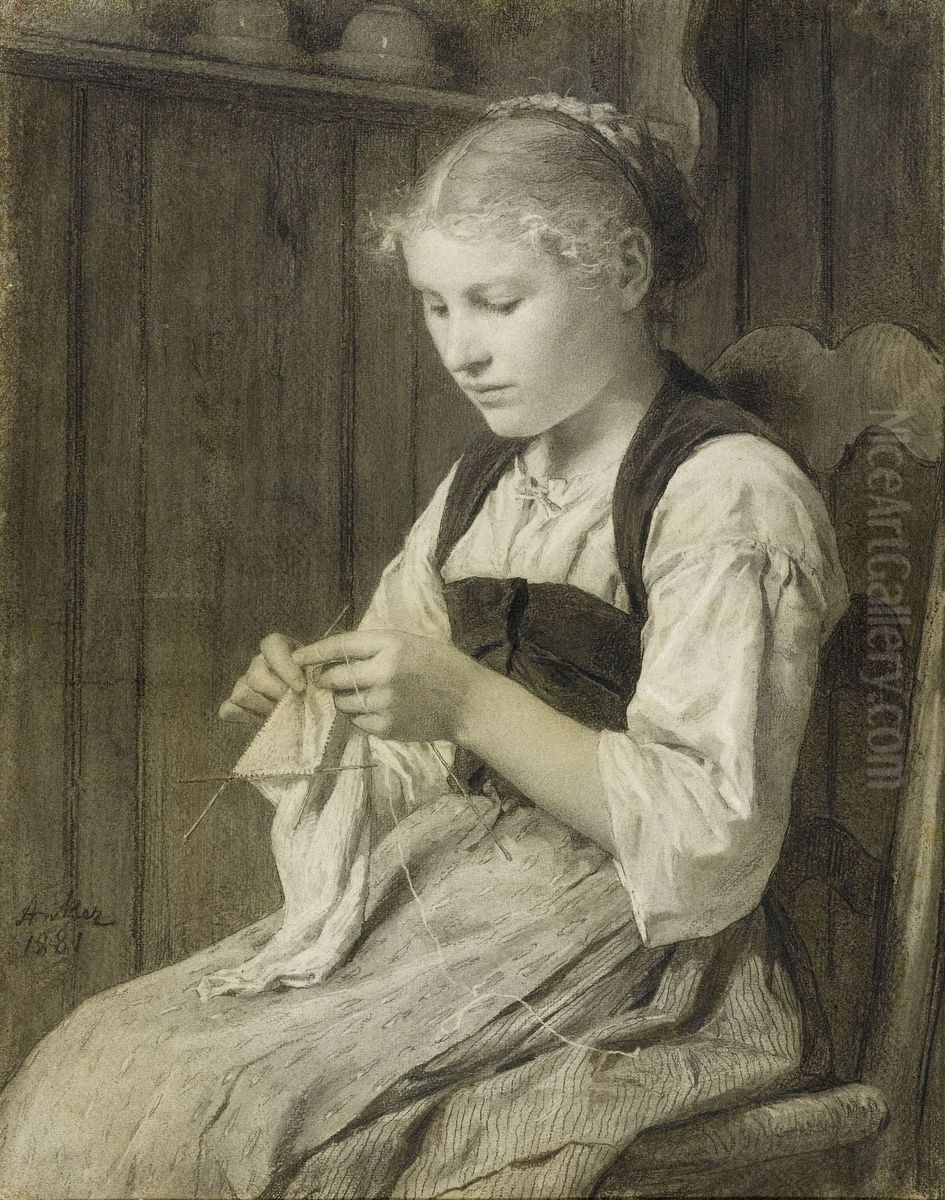 Strickendes Madchen Oil Painting by Albert Anker