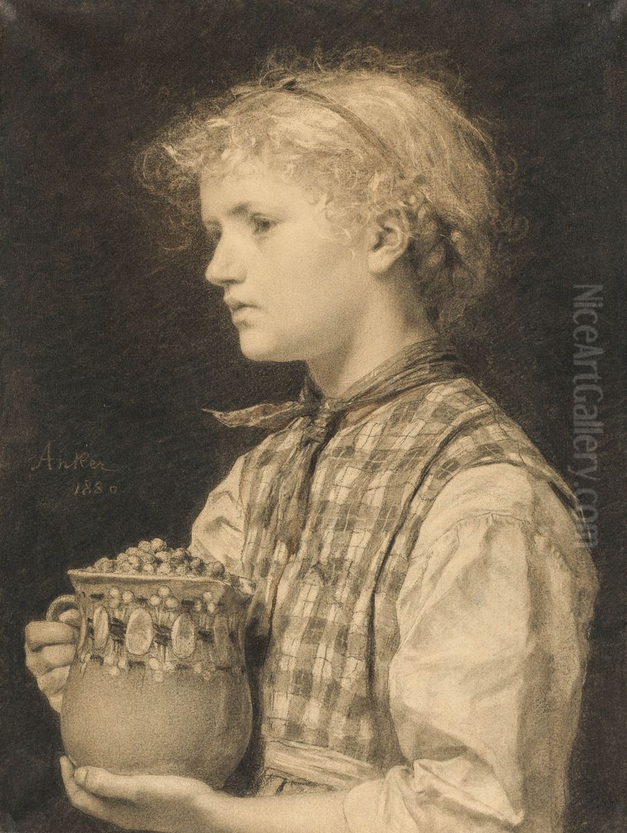 Girl with jug Oil Painting by Albert Anker
