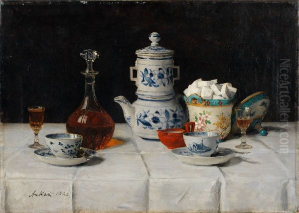 Still life with coffee setting and cognac bottle Oil Painting by Albert Anker