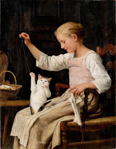 Madchen mit Katze spielend Oil Painting by Albert Anker