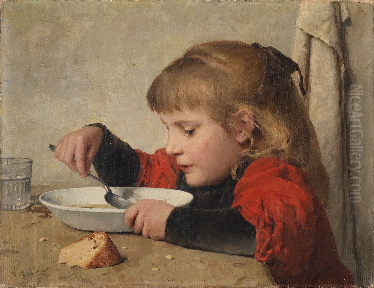 Girl eating soup Oil Painting by Albert Anker