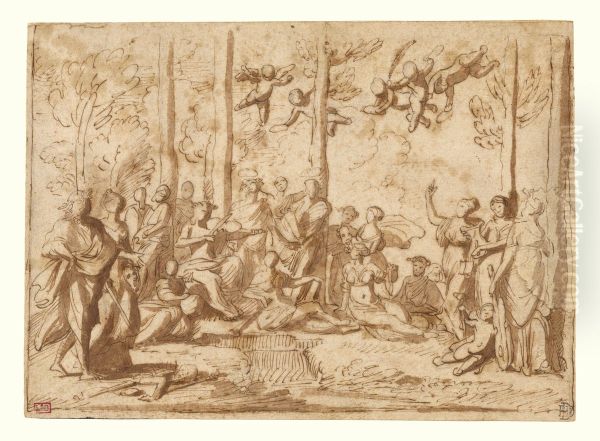 Apollo and the Muses on Mount Parnassus Oil Painting by Nicolas Poussin