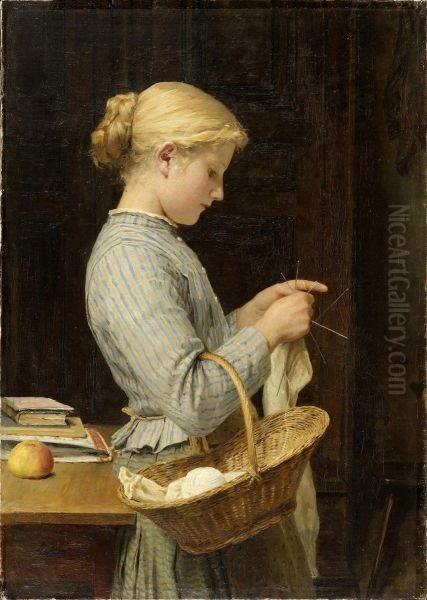 Strickendes Madchen Oil Painting by Albert Anker
