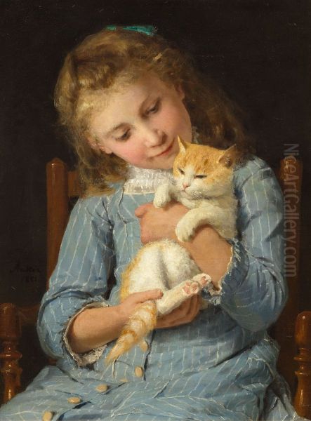 Girl with a cat Oil Painting by Albert Anker