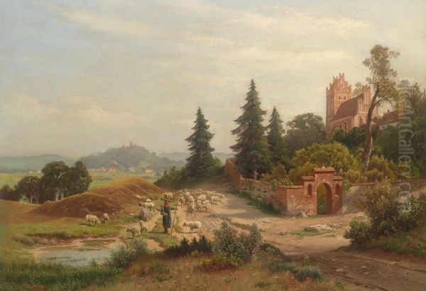 Weite Landschaft mit Schafhirtin am Heimweg Oil Painting by Karl Gustav Rodde