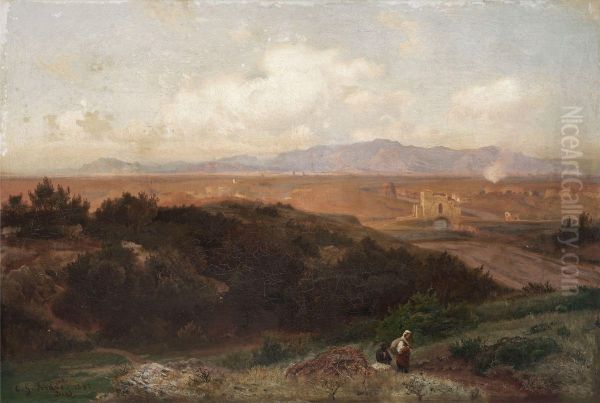 Roman Campagna overlooking the Ponte Nomentano Oil Painting by Karl Gustav Rodde