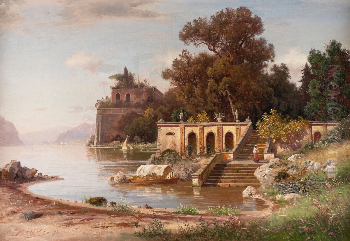 Italian villa at a lake Oil Painting by Karl Gustav Rodde