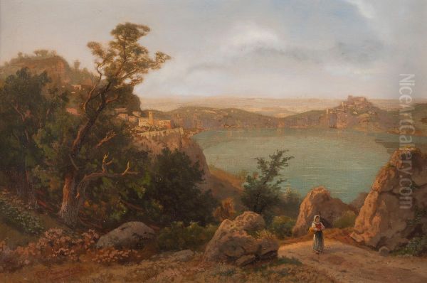 Genzano am Nemisee Oil Painting by Karl Gustav Rodde