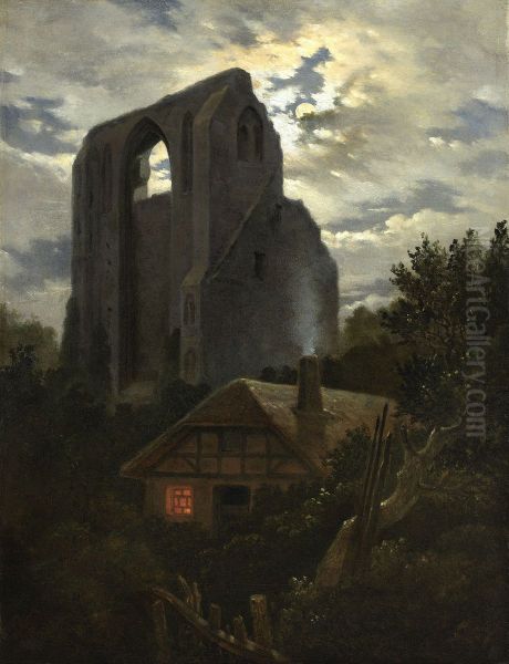 Ruins of the Eldena Monastery with cottage near Greifswald in Moonlight Oil Painting by Carl Gustav Carus