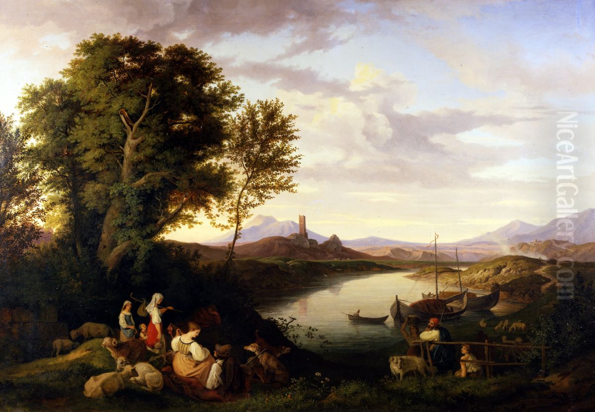 Banks of the Tiber near Acqua Acetosa Oil Painting by Ludwig Richter