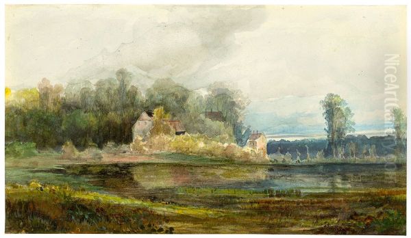 Pond with forest and houses Oil Painting by Carl Blechen