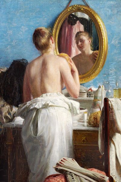 En Pige der vasker sig til Karneval. Oil Painting by Carl Bloch