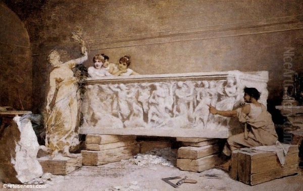 Lo studio dello scultore romano Oil Painting by Amos Cassioli