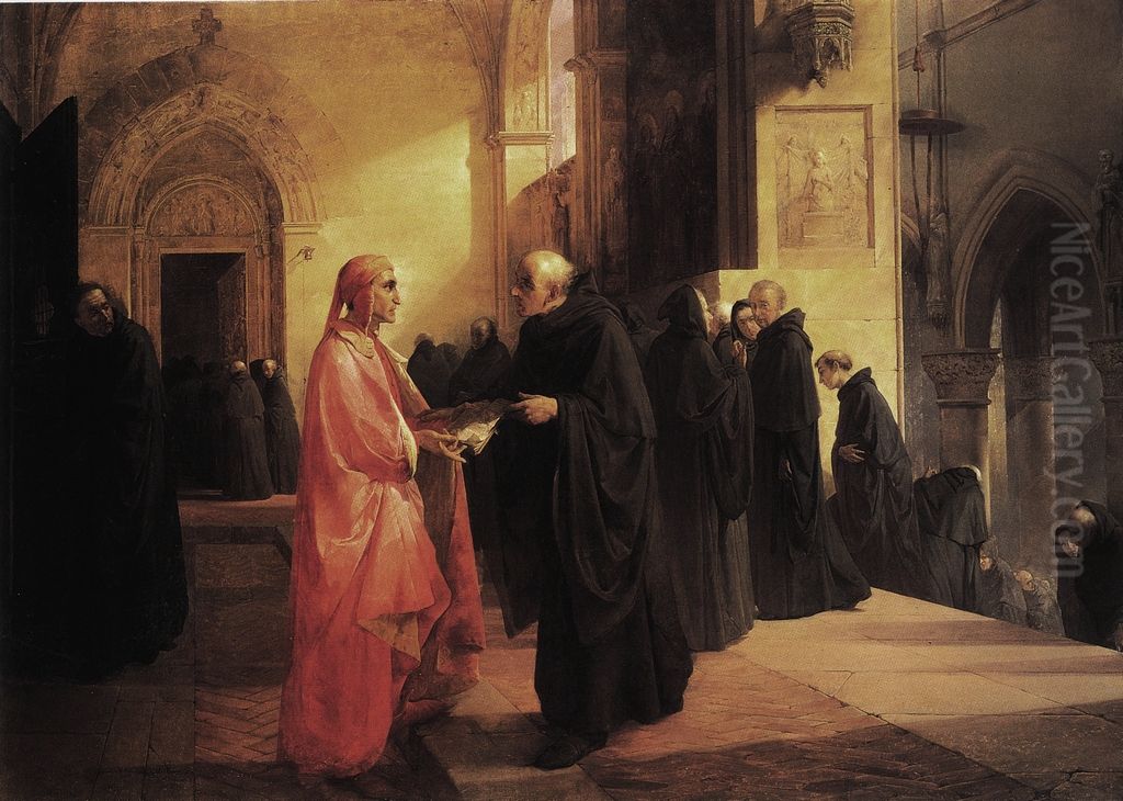 Meeting between Dante and Fra Ilario Oil Painting by Giuseppe Bertini