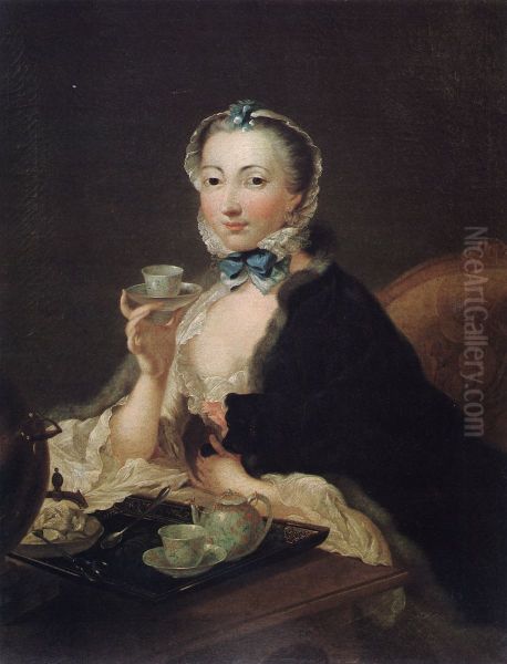 Woman drinking coffee Oil Painting by Nicolas Henri Joseph De Fassin