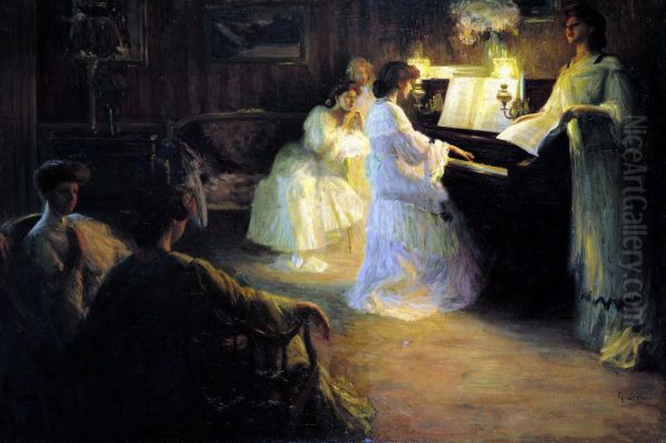 Young girls at the piano Oil Painting by Gabriel Deluc