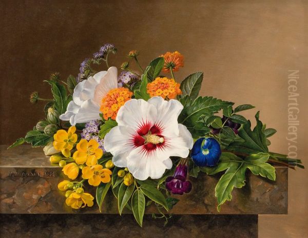Blomster pa et marmorbord. Oil Painting by Johan Laurentz Jensen