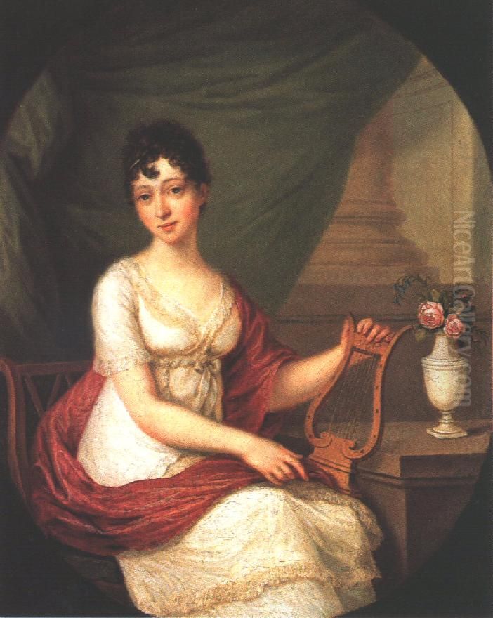 Woman Playing the Lute Oil Painting by Janos Donat