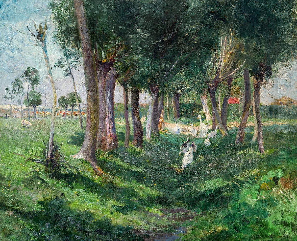 Landscape with trees and geese Oil Painting by Karl Mediz