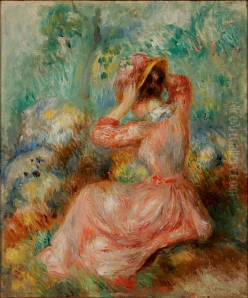 Frau die ihren Hut richtet Oil Painting by Pierre Auguste Renoir
