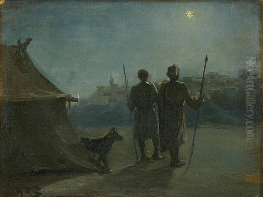 Orientalsk sceneri med to vagter udenfor et telt ved nattetide. Oil Painting by H. A. Brendekilde