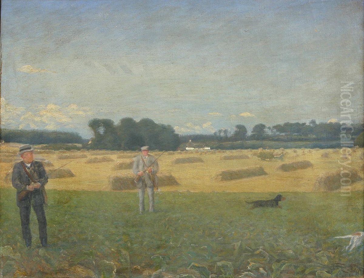 Harvest landscape with hunters. Oil Painting by Jens Jensen Egeberg