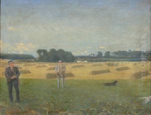 Harvest landscape with hunters.