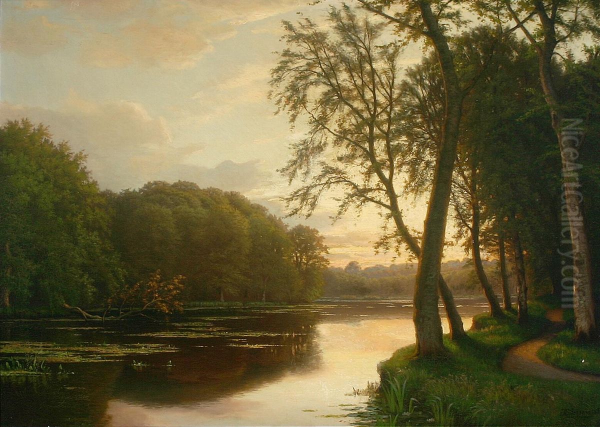 Summer landscape at a river at sunset. Oil Painting by Eiler Rasmussen Eilersen