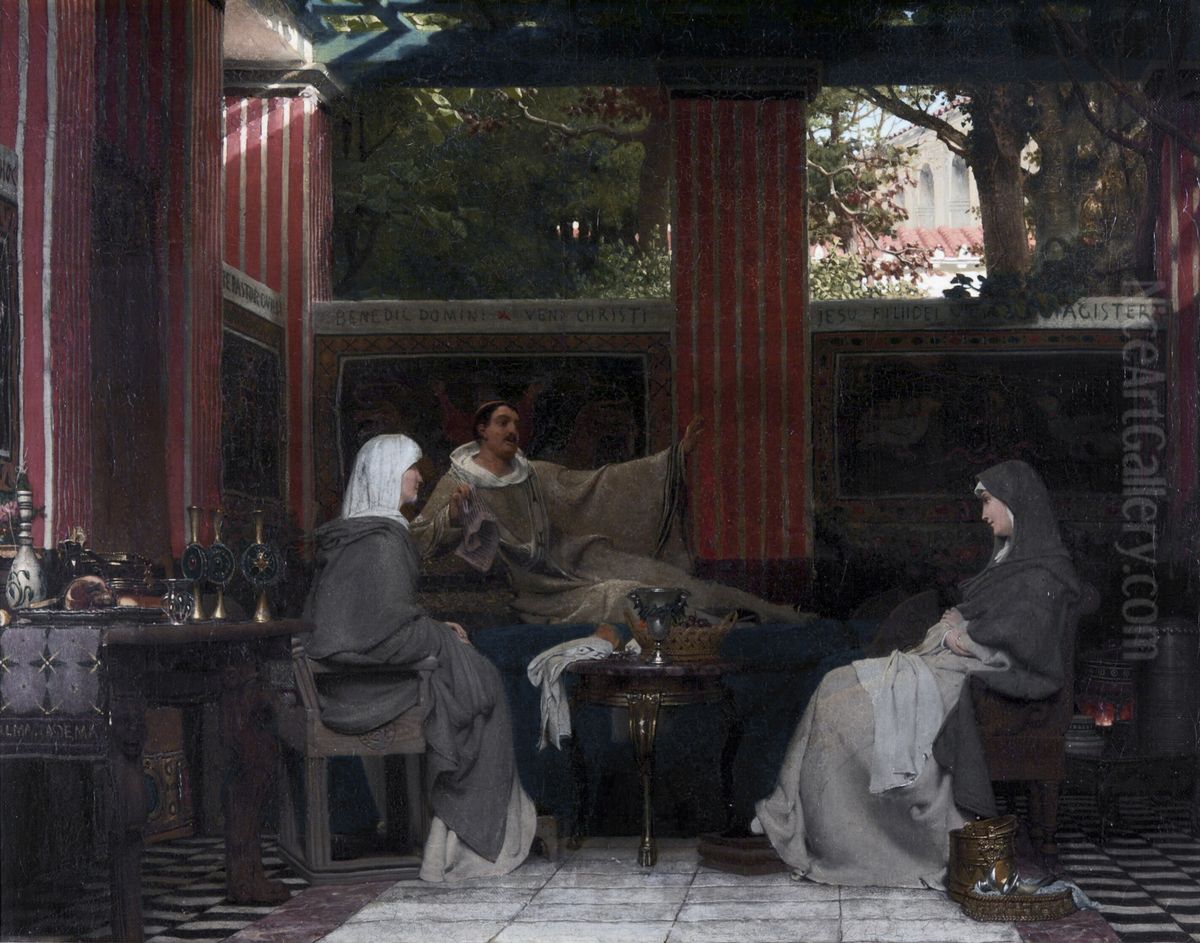 Venantius Fortunatus reading his poems to Radegonda VI and the abbess in the monastery of Poitier Oil Painting by Lawrence Alma-Tadema