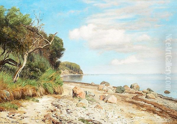 A coastal scene, in the background a sailing ship. Oil Painting by Janus la Cour