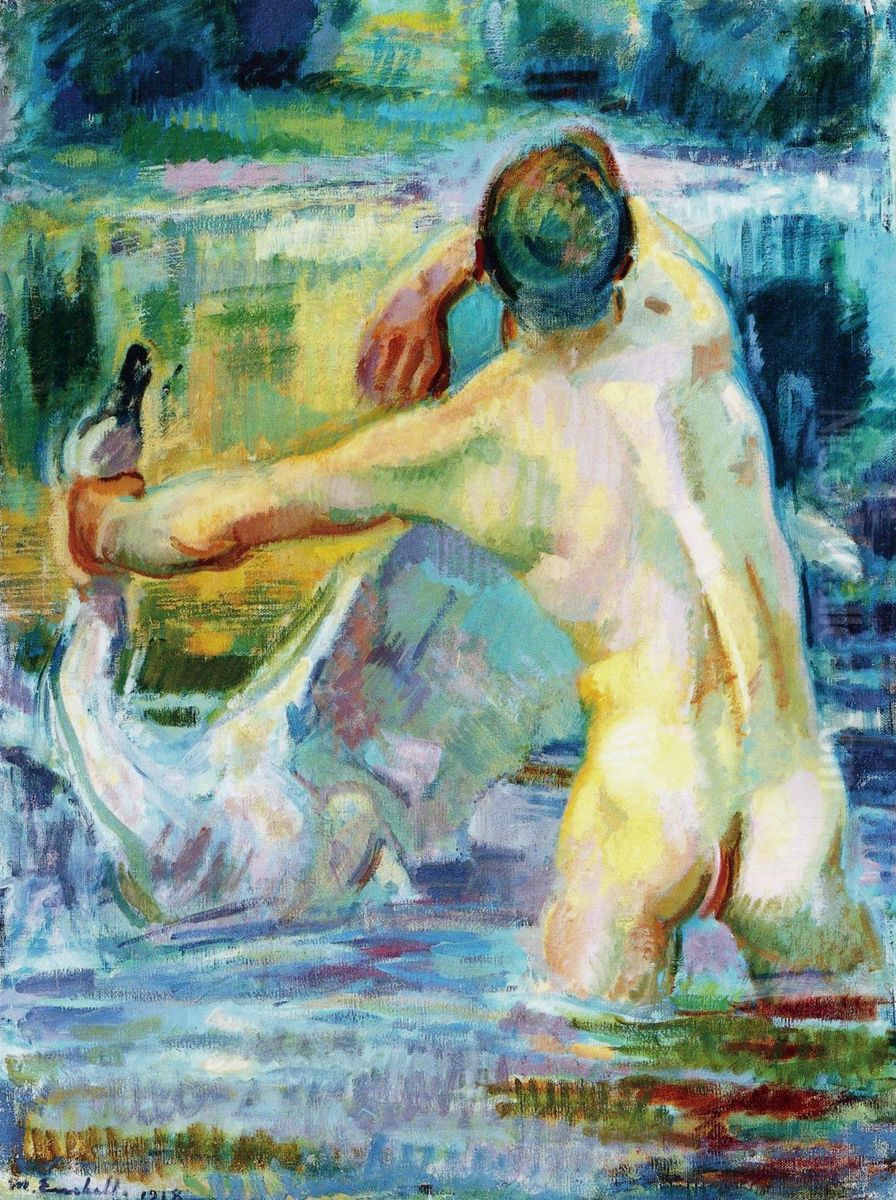 Man and swan Oil Painting by Magnus Enckell