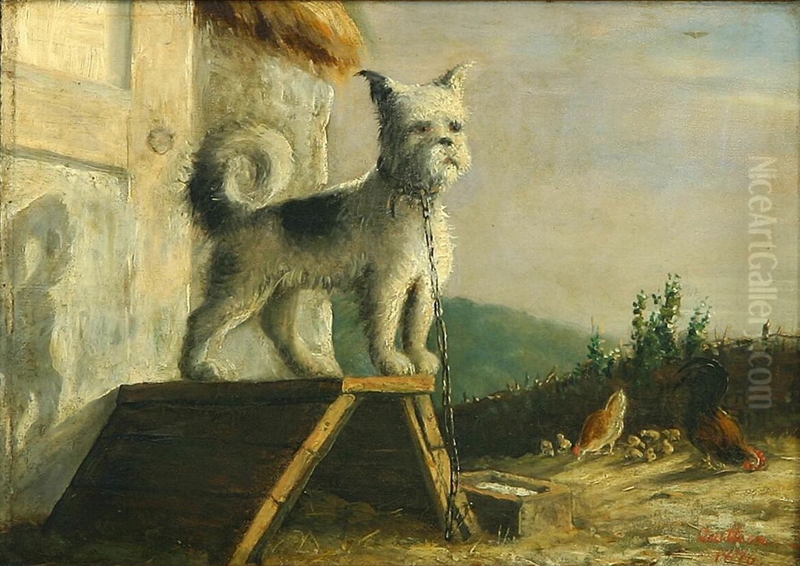 Parti med hund i laenke samt hons og kyllinger. Oil Painting by C.O. Zeuthen