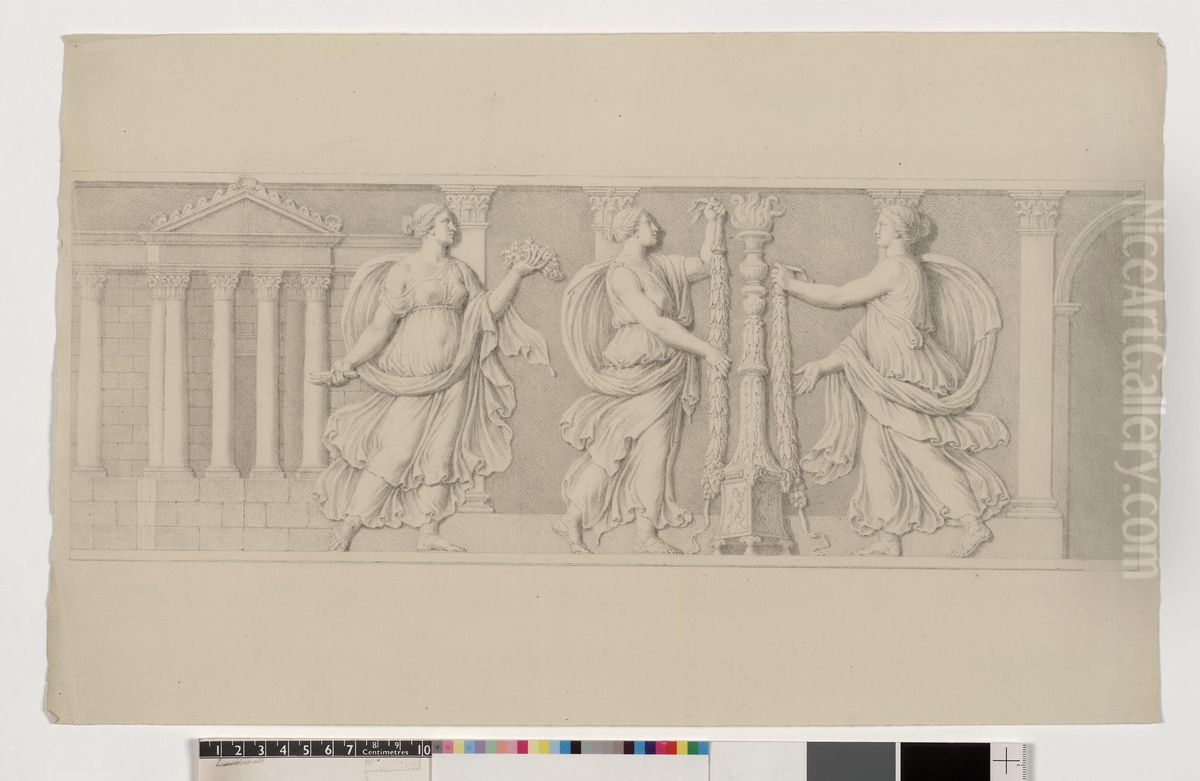 Marble bas relief with three draped figures holding garlands Oil Painting by Giovanni Domenico Campiglia